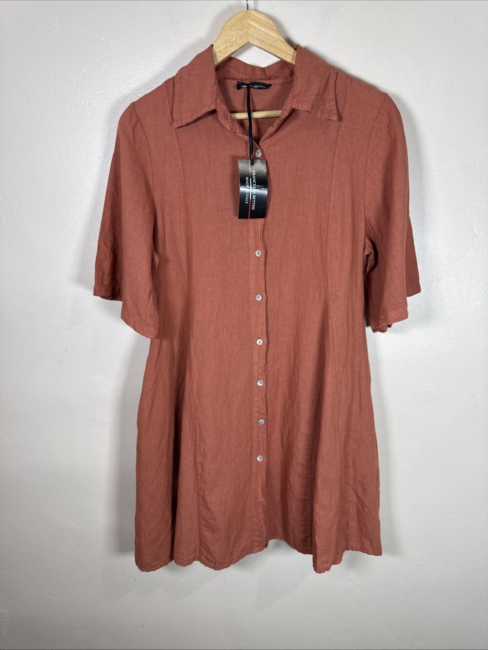 NWT Francesca Betini Linen Cotton Dress Button Down Flutter Sleeve M Italy